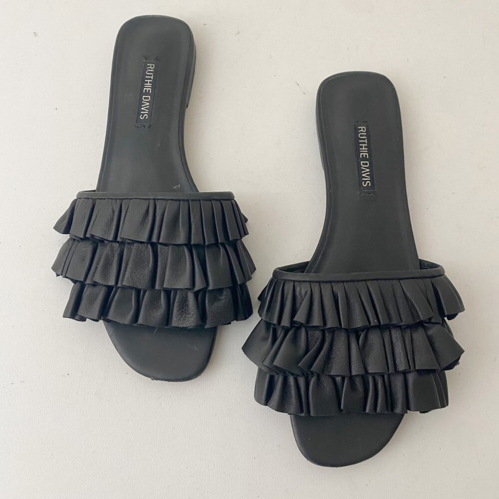 Ruthie Davis Ruffle Sandals Slides Shoes Black